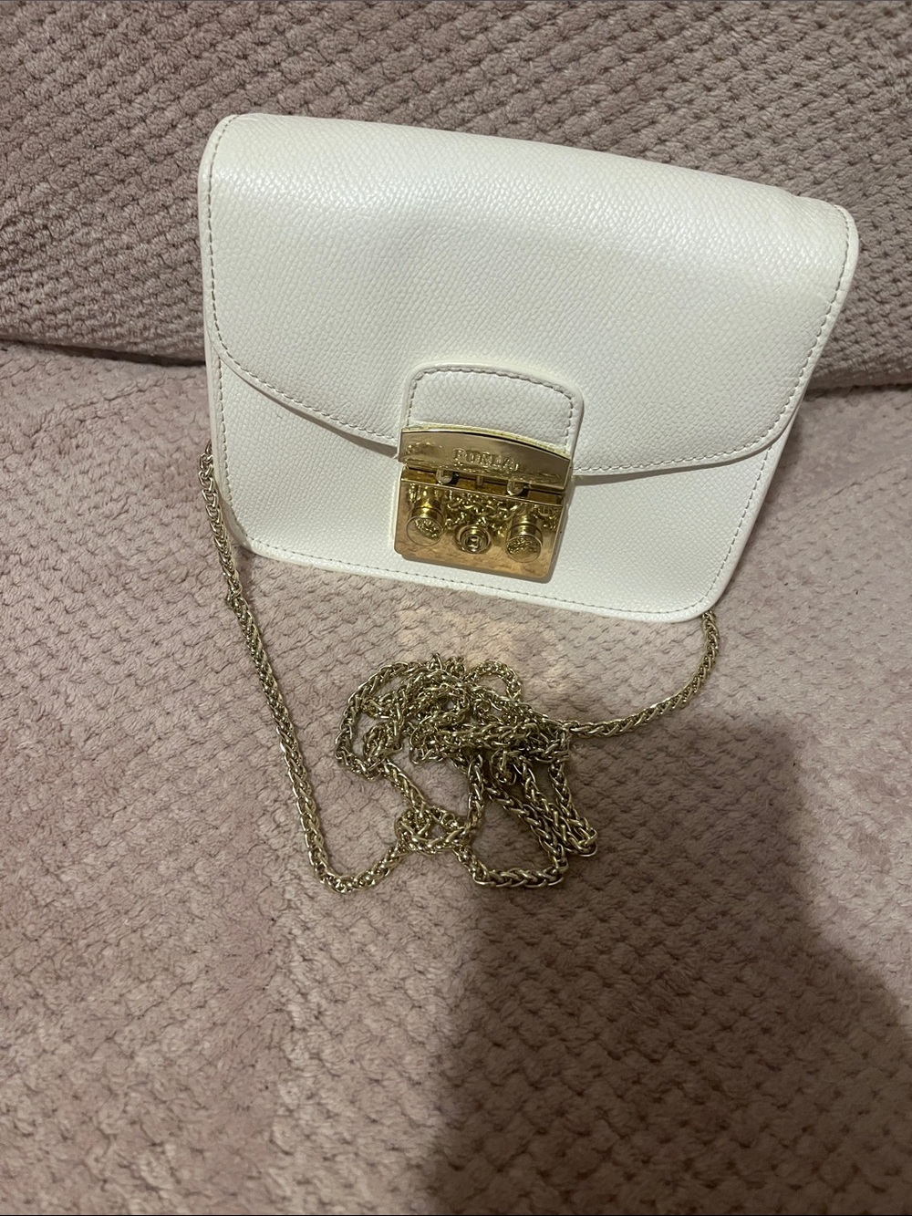 Furla White Crossbody with Gold Chain and Lock
